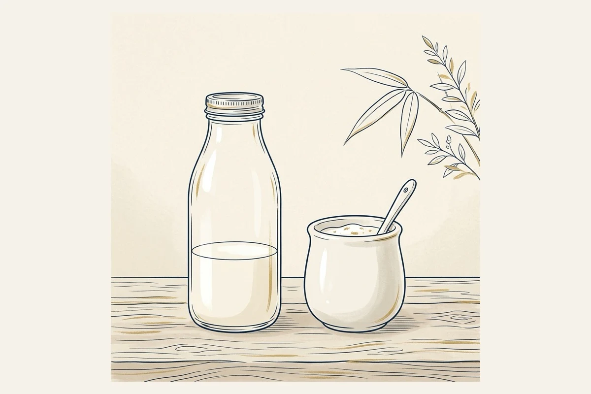 牛乳瓶と飲むヨーグルトを並べた牧場の静物