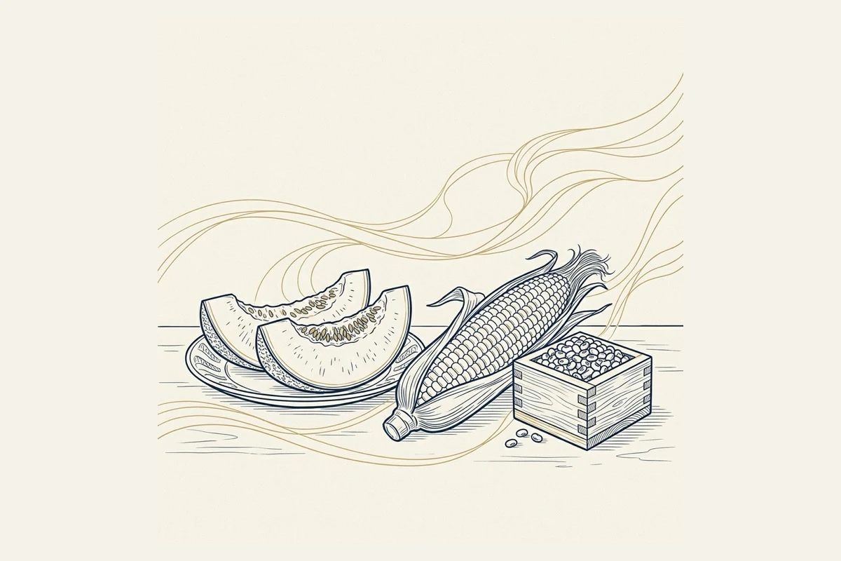 赤肉メロンととうもろこし、小豆の升を並べた静物