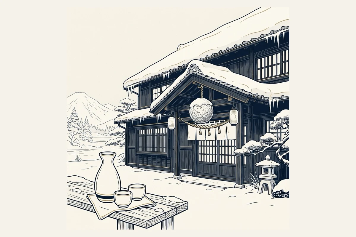 雪をかぶった酒蔵と杉玉、徳利と猪口の静物