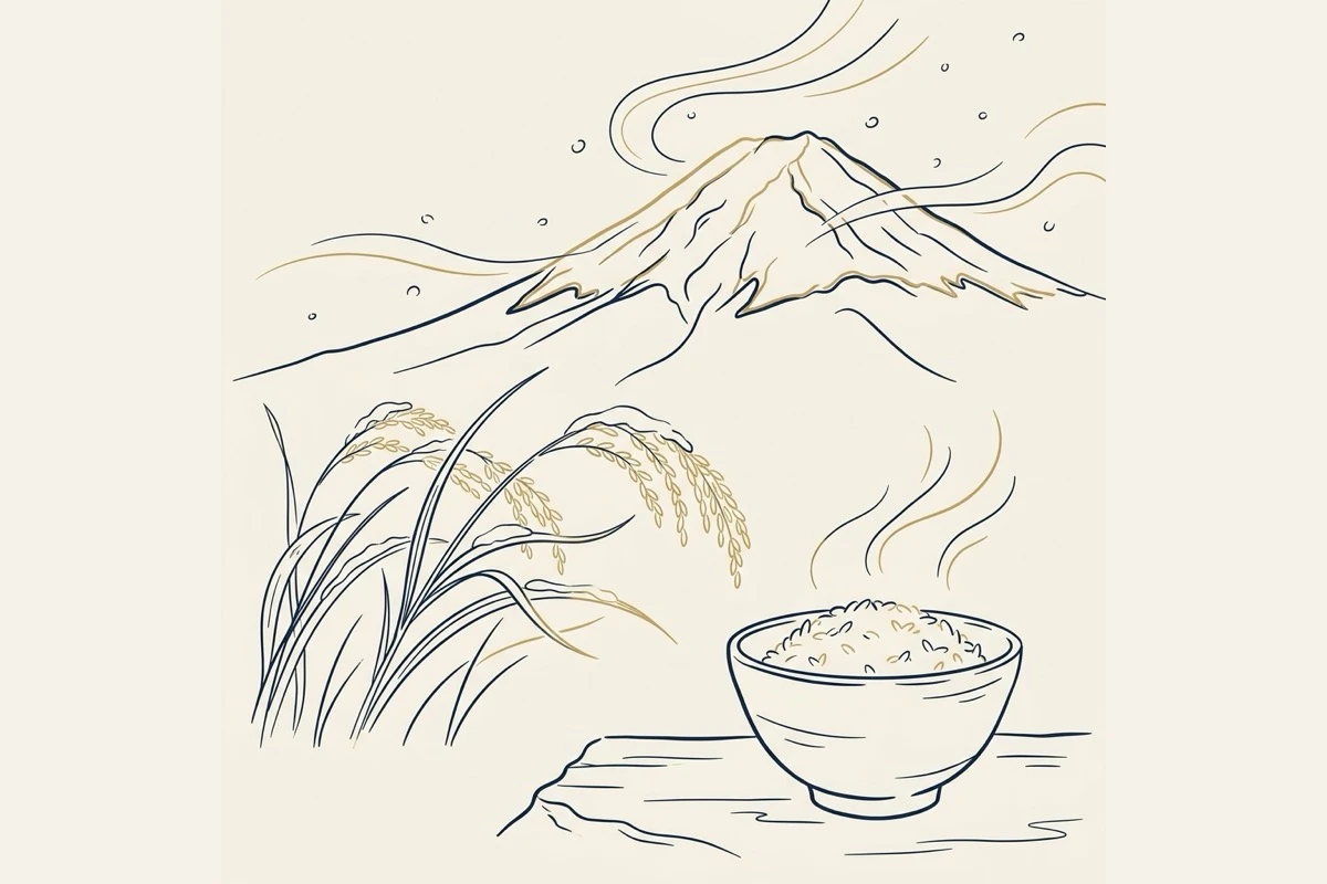 雪をかぶった山と稲穂、茶碗によそった一杯の米の静物