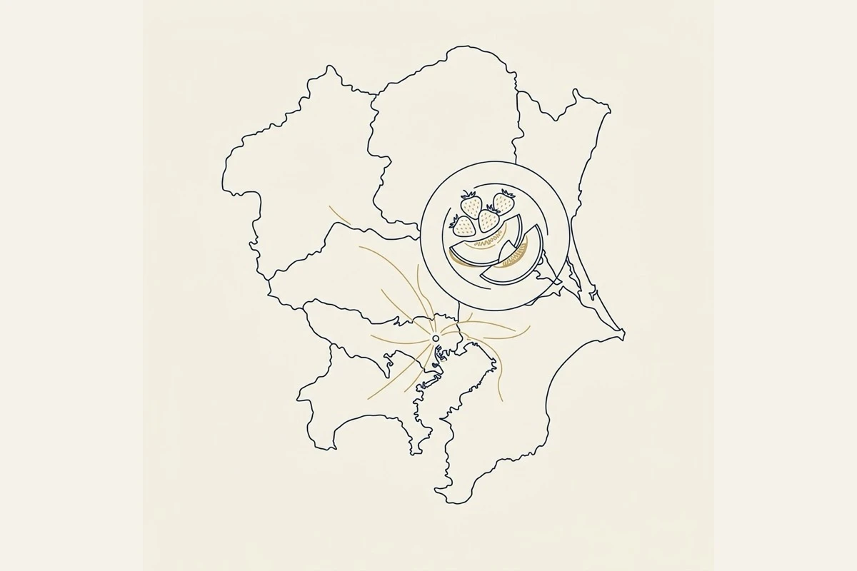関東地方の地図と、いちごとメロンを盛った皿