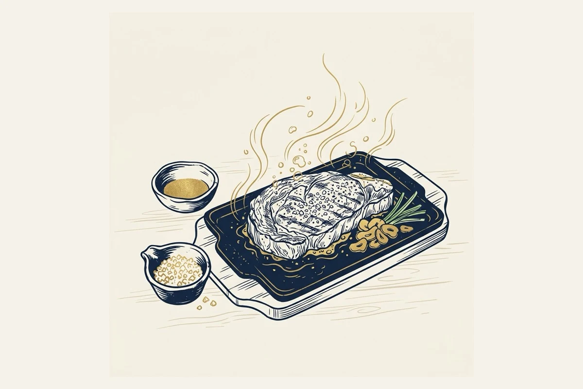 炭火焼きの網と地鶏、すき焼き鍋を思わせる器