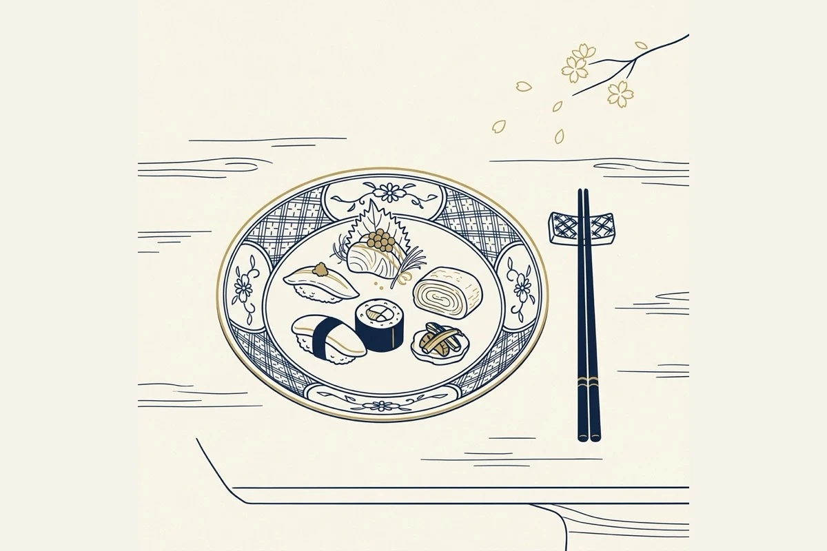 染付の白磁皿に料理を盛った食卓の静物