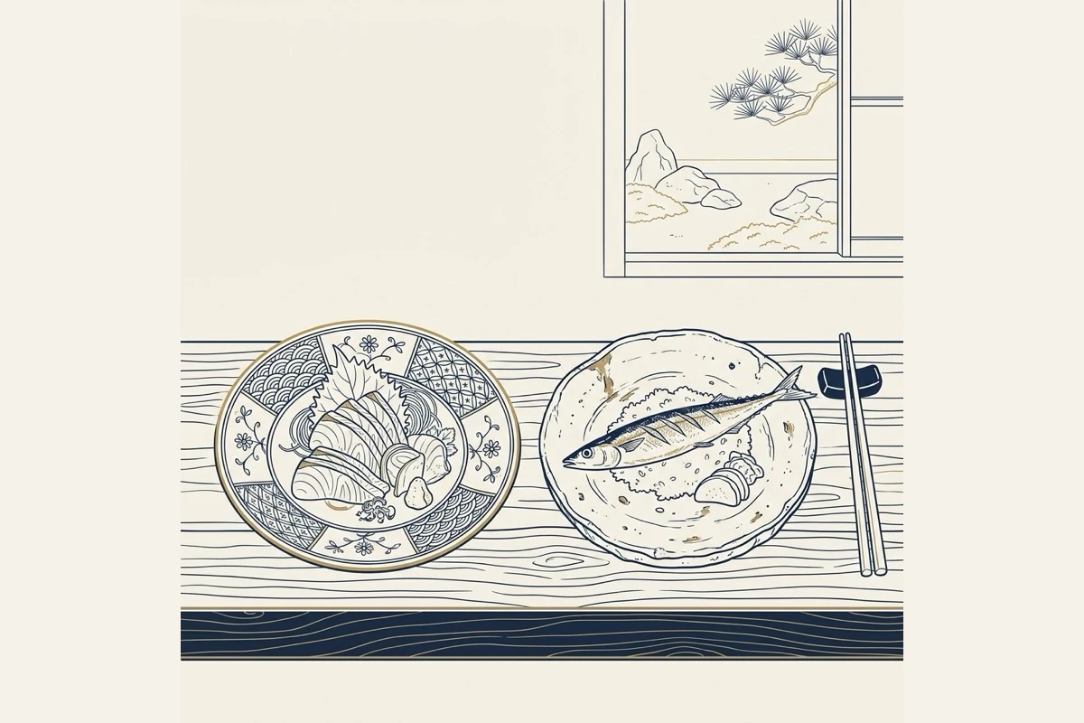 染付の皿と土ものの皿を並べた食卓の情景