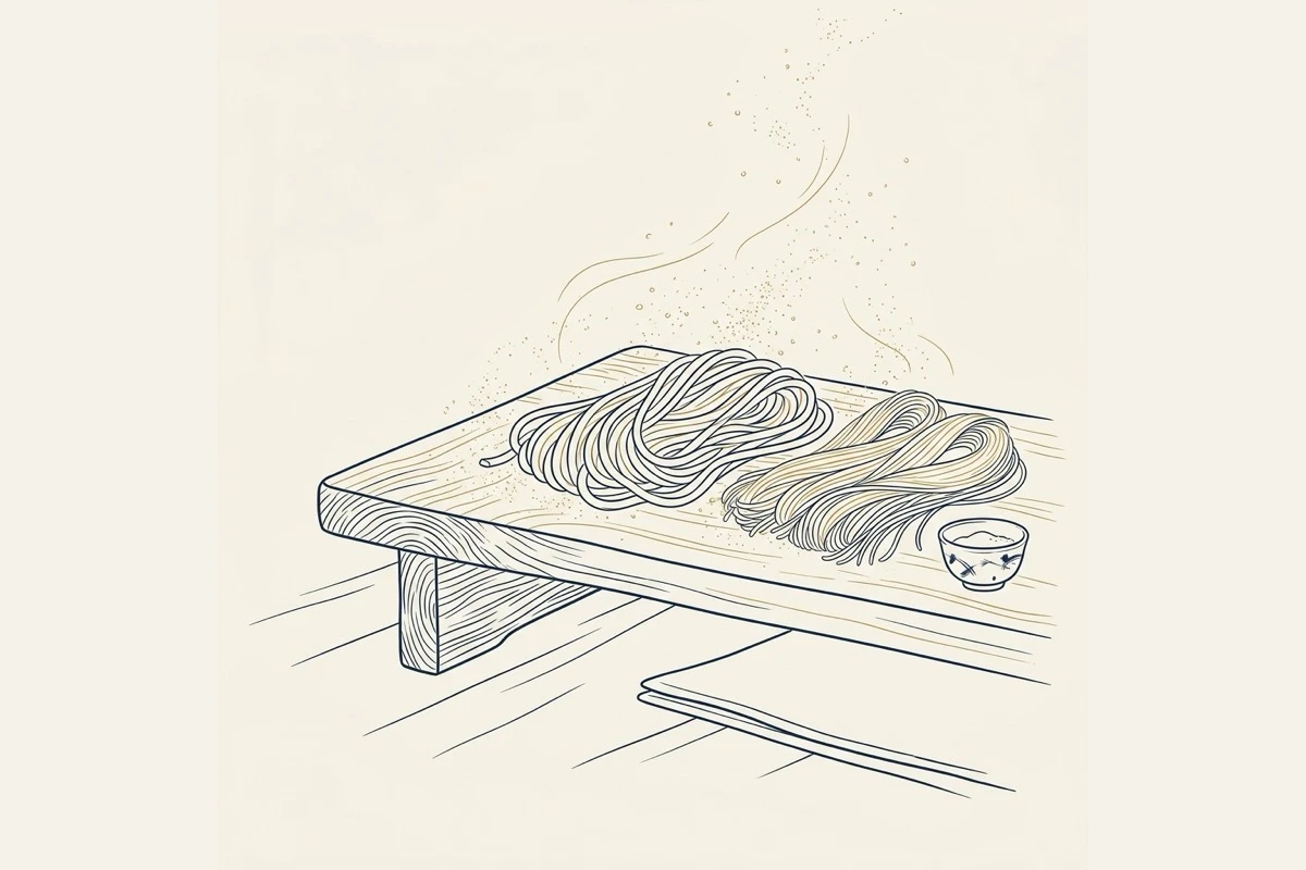 打ち粉の舞う麺台に、うどんとそうめんの束を並べた製麺風景
