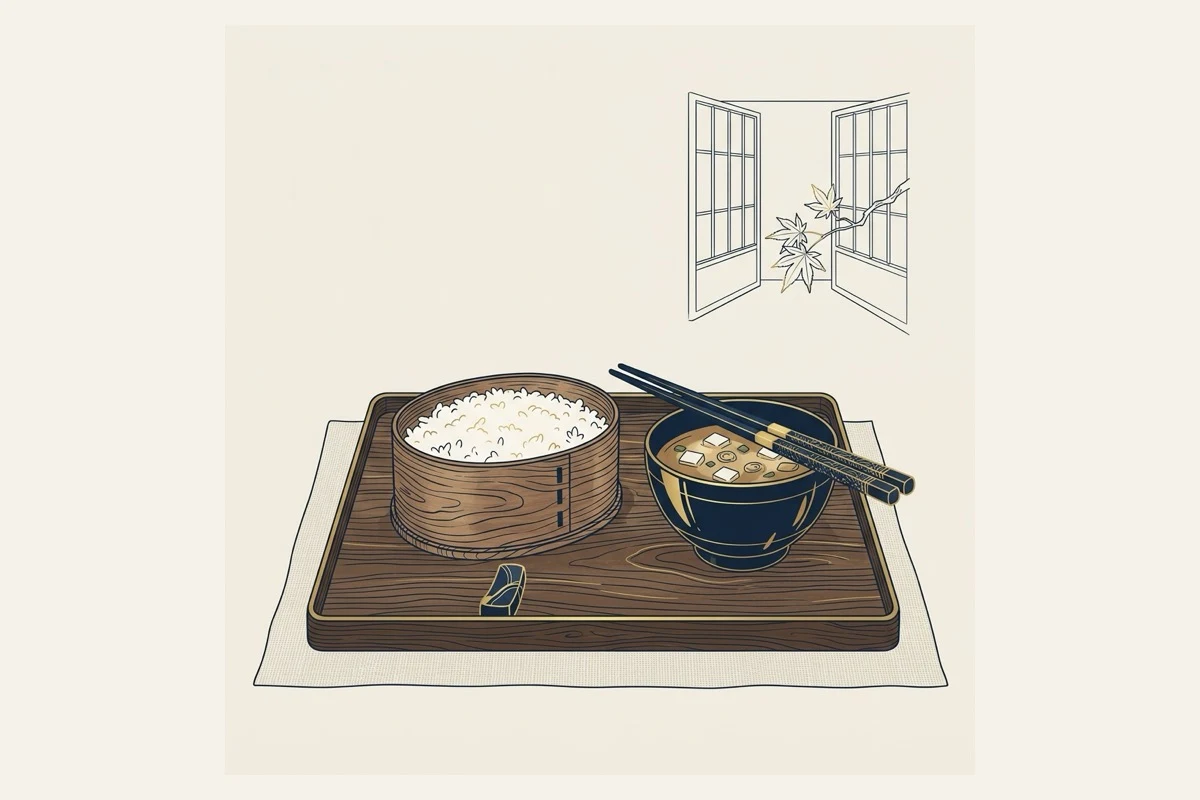 曲げわっぱの飯・漆の椀・津軽塗の箸を並べた膳