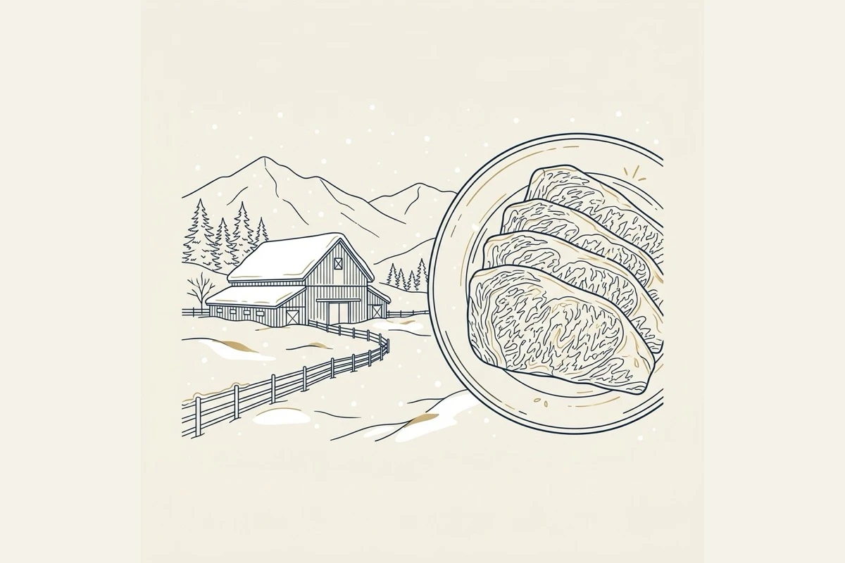 雪の置賜盆地の牛舎と、皿に並べた米沢牛の霜降り肉