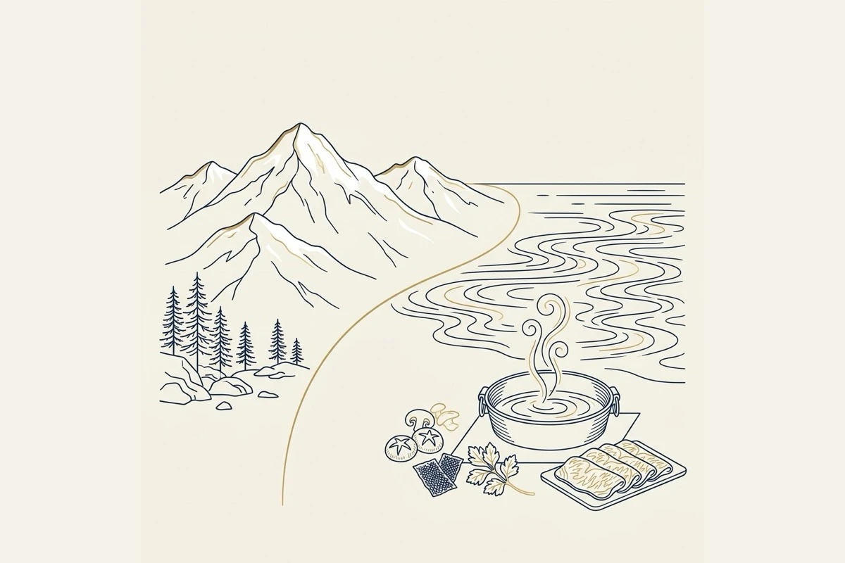 飛騨の山並みと伊勢湾を背景に、すき焼き鍋と切り落とし肉を並べた情景